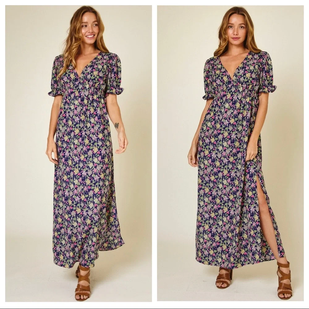 #10 Mylene Short Sleeve V Neck Floral Boho Maxi Dress - Picture 1 of 4